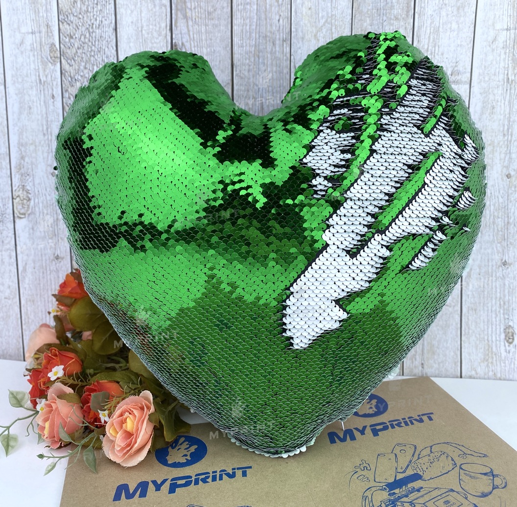 Pillow with sequins for sublimation heart green (5317) - фото 1 Pillow with sequins for sublimation heart green (5317) - фото 1 - Blanks for sublimation