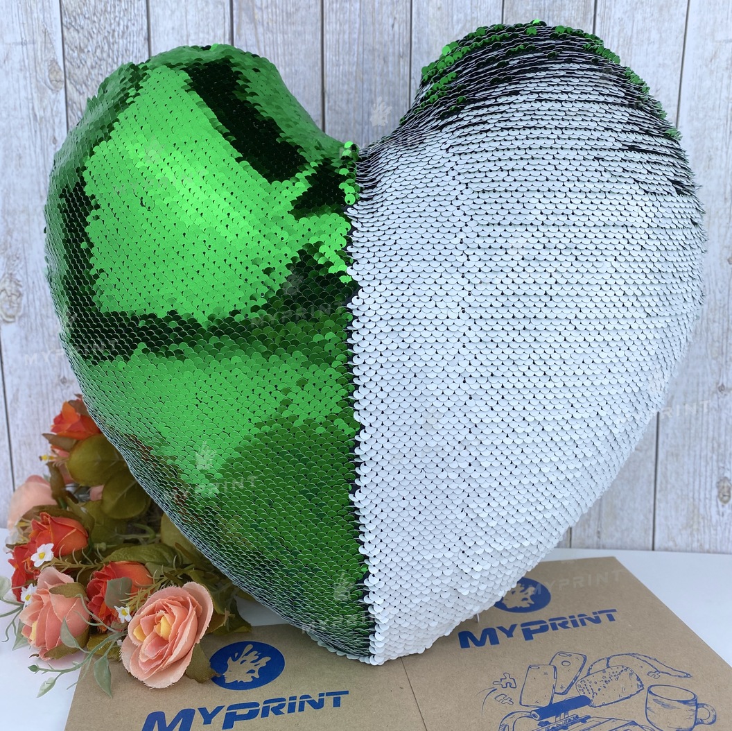 Pillow with sequins for sublimation heart green (5317) - фото 2 Pillow with sequins for sublimation heart green (5317) - фото 2 - Blanks for sublimation
