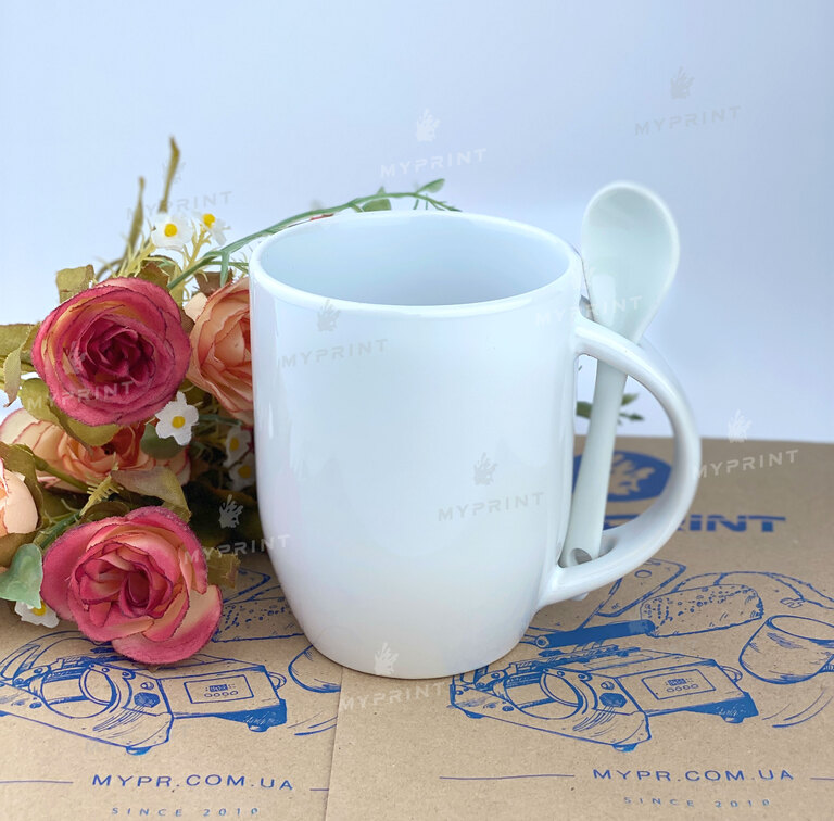 Чашка для сублімації біла з ложкою завужена знизу 11 Oz (330 мл) (6078)  Чашка для сублімації біла з ложкою завужена знизу 11 Oz (330 мл) (6078)
