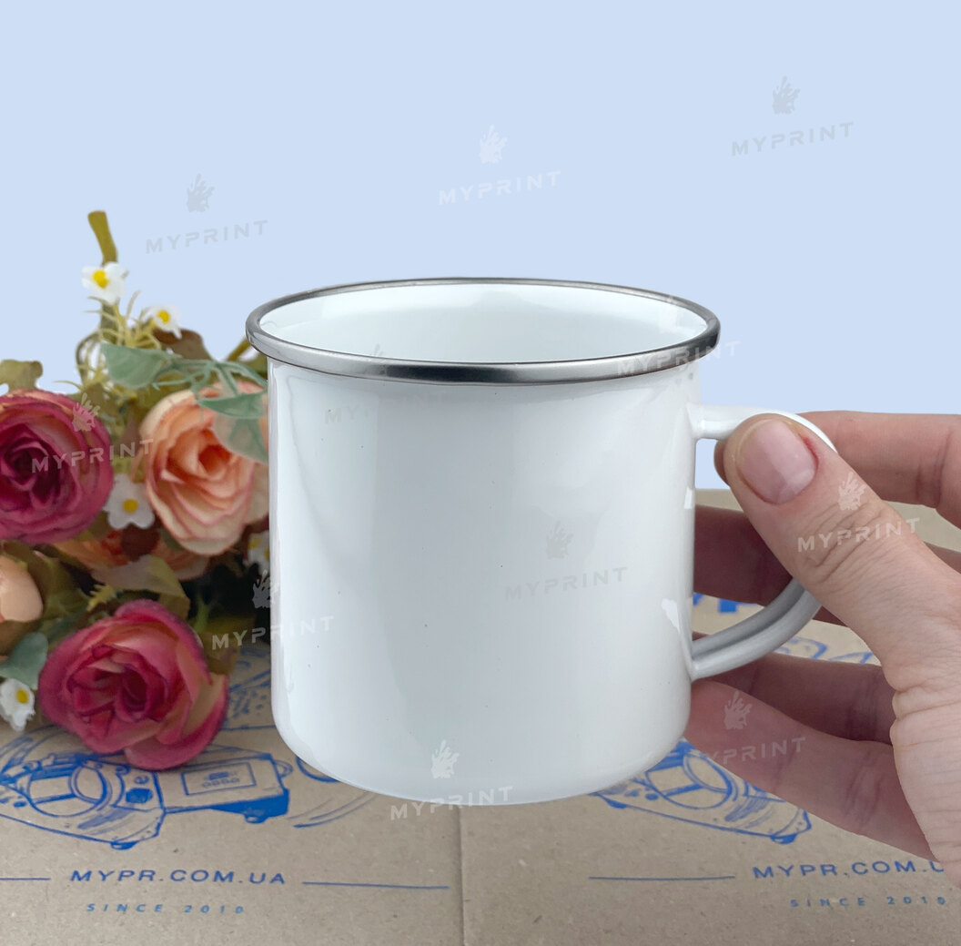 Sublimation mug metal enamel white with silver rim 11 Oz (330 ml) (2793) - фото 3 Sublimation mug metal enamel white with silver rim 11 Oz (330 ml) (2793) - фото 3 - Blanks for sublimation