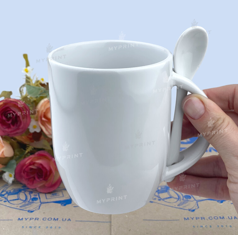 Чашка для сублімації біла з ложкою завужена знизу 11 Oz (330 мл) (6078)  Чашка для сублімації біла з ложкою завужена знизу 11 Oz (330 мл) (6078)