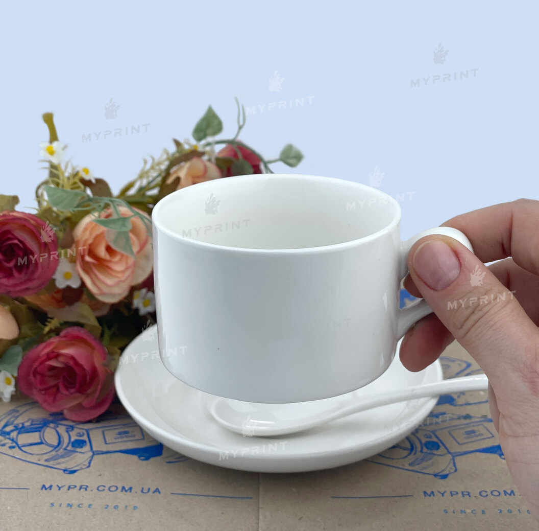 Sublimation coffee cup with saucer and spoon 8 Oz (250 ml) (6077) - фото 2 Sublimation coffee cup with saucer and spoon 8 Oz (250 ml) (6077) - фото 2 - Blanks for sublimation