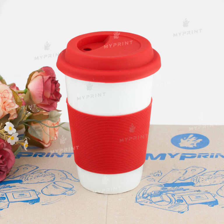 Кружка для сублимации белая латте с силиконовой крышкой и ободком красная (6439) 