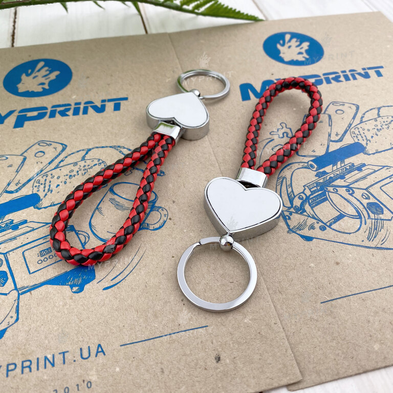 Keychain for sublimation in the shape of a heart with a black / red string 30*25 mm (7306)  Keychain for sublimation in the shape of a heart with a black / red string 30*25 mm (7306)