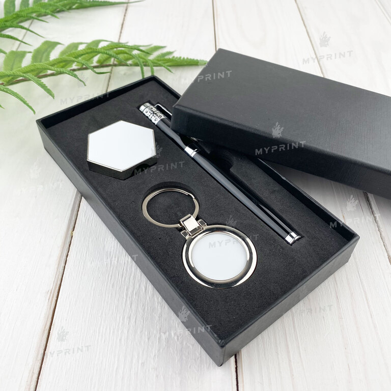 Gift set for sublimation: a pen with a holder in the shape of a hexagon, a round metal keyring (7630)  Gift set for sublimation: a pen with a holder in the shape of a hexagon, a round metal keyring (7630)