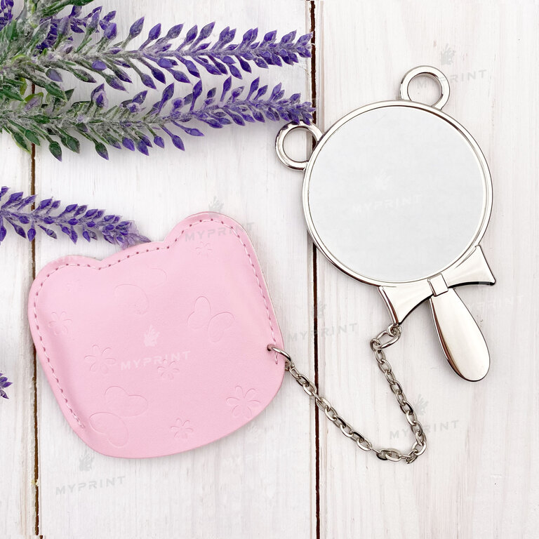 Mirror for sublimation metal round with ears in a pink cover d = 5.2 cm (7626)  Mirror for sublimation metal round with ears in a pink cover d = 5.2 cm (7626)