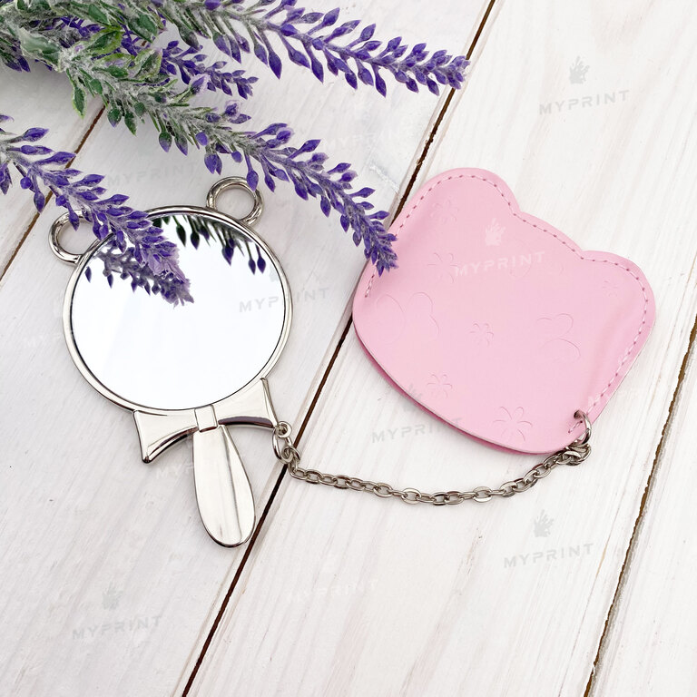 Mirror for sublimation metal round with ears in a pink cover d = 5.2 cm (7626)  Mirror for sublimation metal round with ears in a pink cover d = 5.2 cm (7626)