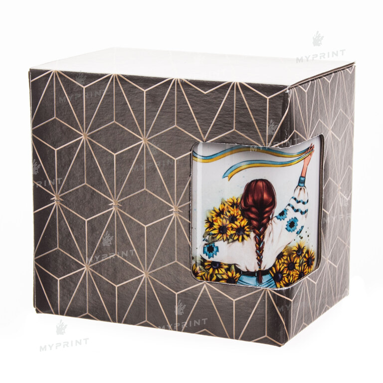 Коробочка для кружки 11 Oz (330 мл) цветная золотистый куб с окном (8830)  Коробочка для кружки 11 Oz (330 мл) цветная золотистый куб с окном (8830)