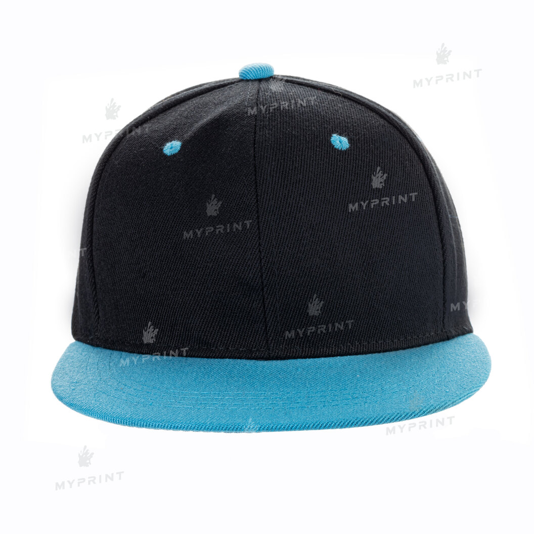 Кепка с прямым козырьком snapback черная с голубым козырьком (7986) - фото 2 Кепка с прямым козырьком snapback черная с голубым козырьком (7986) - фото 2 - Заготовки для сублимации