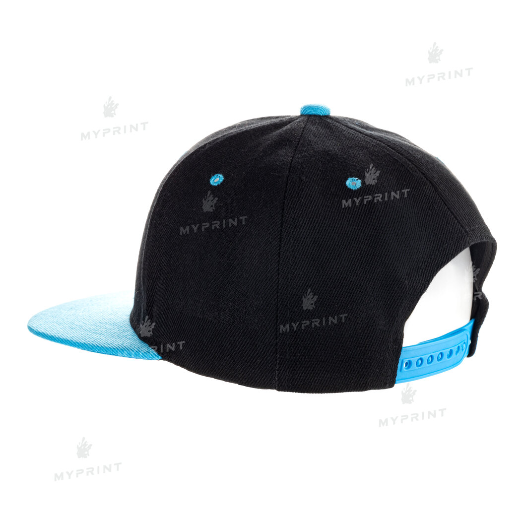 Кепка с прямым козырьком snapback черная с голубым козырьком (7986) - фото 3 Кепка с прямым козырьком snapback черная с голубым козырьком (7986) - фото 3 - Заготовки для сублимации
