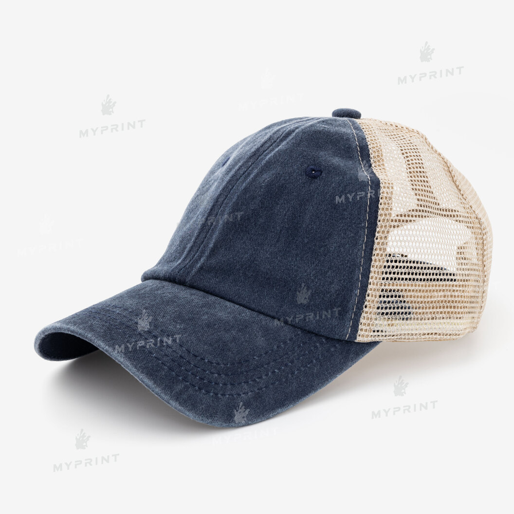 Six-piece cap cotton Vintage with mesh worn dark blue (10235) - фото 1 Six-piece cap cotton Vintage with mesh worn dark blue (10235) - фото 1 - Blanks for sublimation