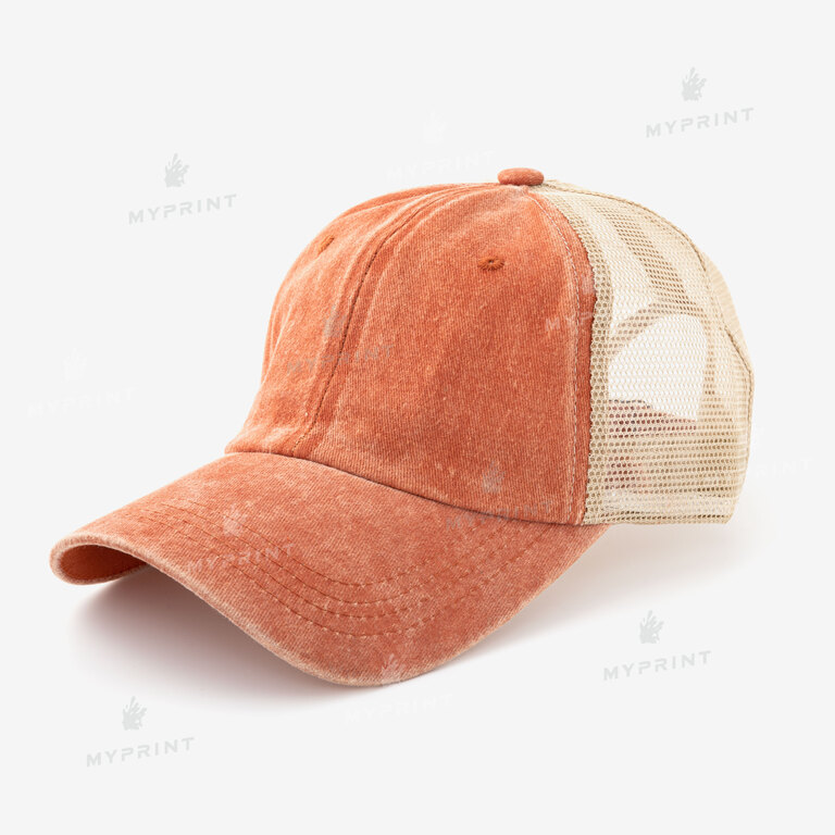 Six-piece cap cotton Vintage with mesh worn orange (10232)  Six-piece cap cotton Vintage with mesh worn orange (10232)
