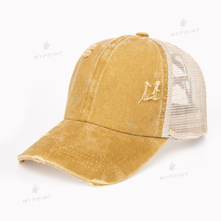 Кепка шестиклинка хлопок Vintage с сеткой и резинкой потертая желтая (10316) 