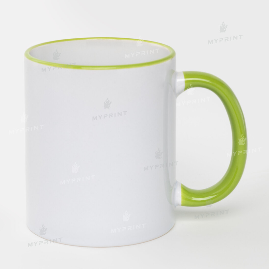 Кружка для сублимации с цветным ободком и цветной ручкой салатовая 11 Oz (330 мл) (10457) - фото 1 Кружка для сублимации с цветным ободком и цветной ручкой салатовая 11 Oz (330 мл) (10457) - фото 1 - Заготовки для сублимации