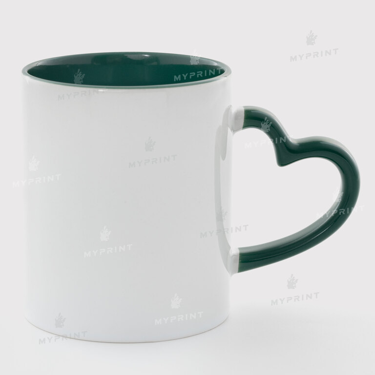 Sublimation Cup Color Inside With Color Heart Handle Dark Green 11 Oz (330ml) (11244)  Sublimation Cup Color Inside With Color Heart Handle Dark Green 11 Oz (330ml) (11244)