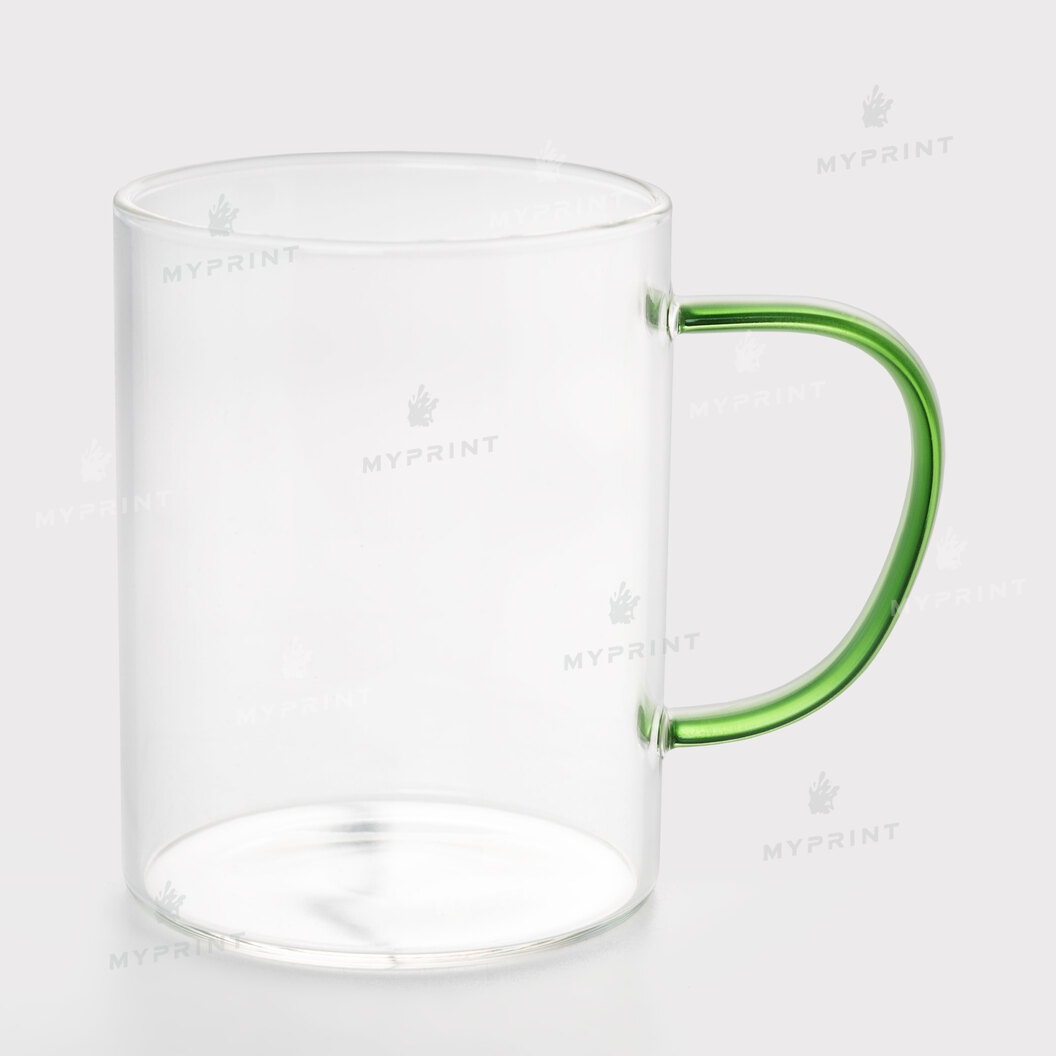 Cup for sublimation glass transparent with colored handle green (420 ml) (8161) - фото 1 Cup for sublimation glass transparent with colored handle green (420 ml) (8161) - фото 1 - Blanks for sublimation