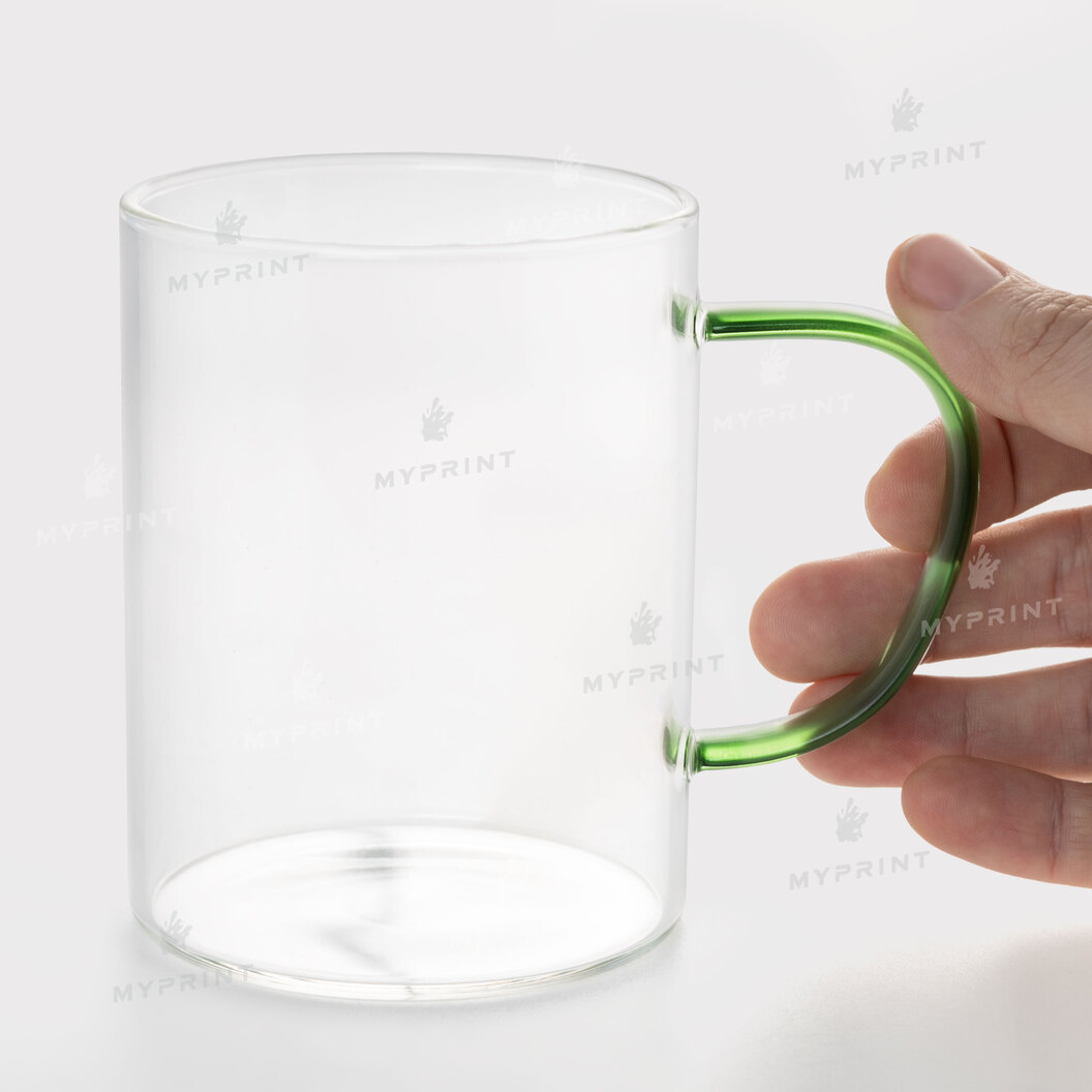 Cup for sublimation glass transparent with colored handle green (420 ml) (8161) - фото 2 Cup for sublimation glass transparent with colored handle green (420 ml) (8161) - фото 2 - Blanks for sublimation