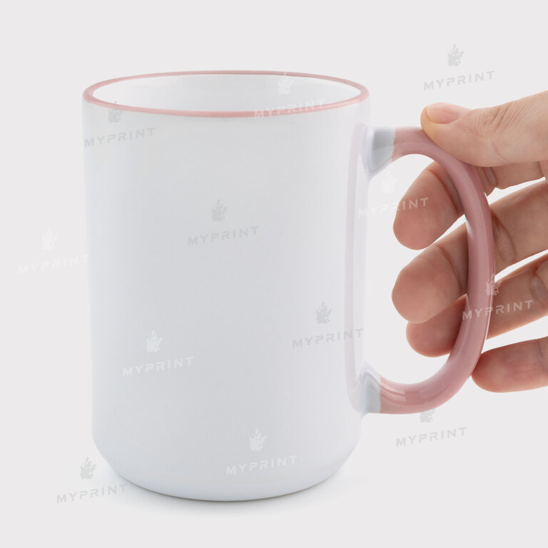 Кружка для сублимации с цветным ободком и цветной ручкой розовая 15 Oz (425 мл) (12676) 