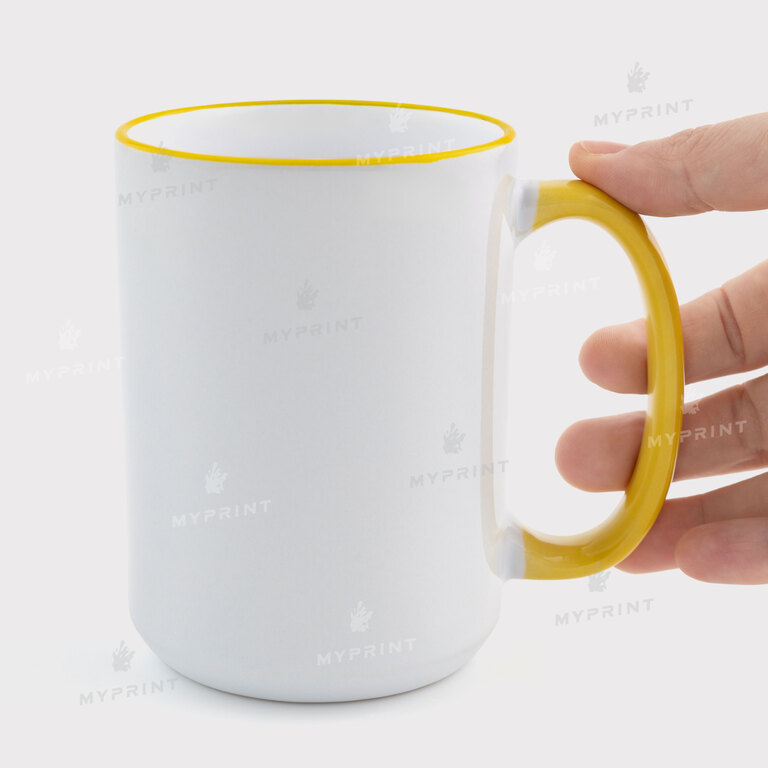 Кружка для сублимации с цветным ободком и цветной ручкой желтая 15 Oz (425 мл) (12678) 