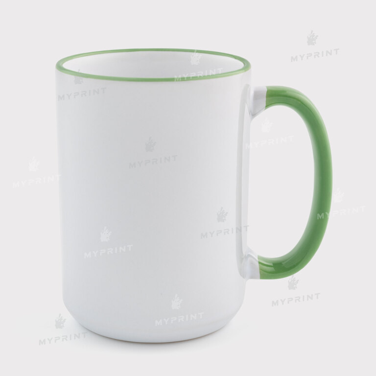 Кружка для сублимации с цветным ободком и цветной ручкой зеленая 15 Oz (425 мл) (12688) 