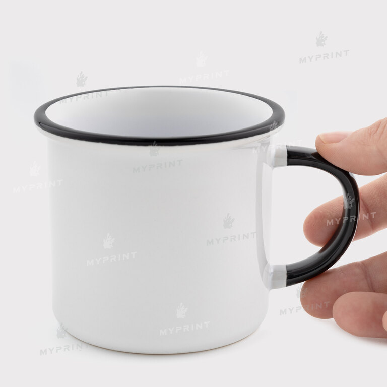 Кружка для сублимации в стиле эмалированной с цветным ободком и цветной ручкой черная (250 мл) (12672) 