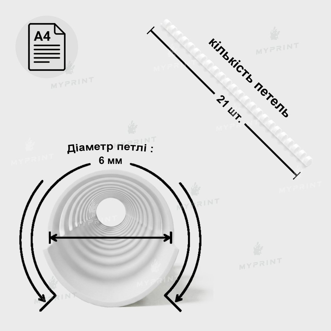 Пластиковая пружина (гребенка) для брошюровки А4, 21 петля, 6 мм, белая, 100 шт. (12713) - фото 2 - Полиграфическое оборудование и материалы