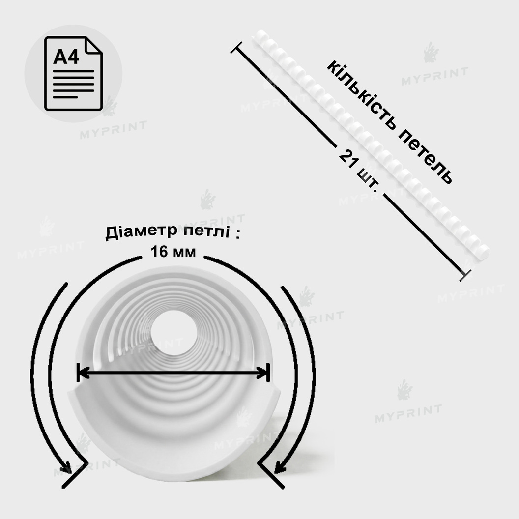 Пластикова пружина (гребінка) для брошурування А4, 21 петля, 16 мм, біла, 100 шт. (12748) - фото 2 - Поліграфічне обладнання і матеріали