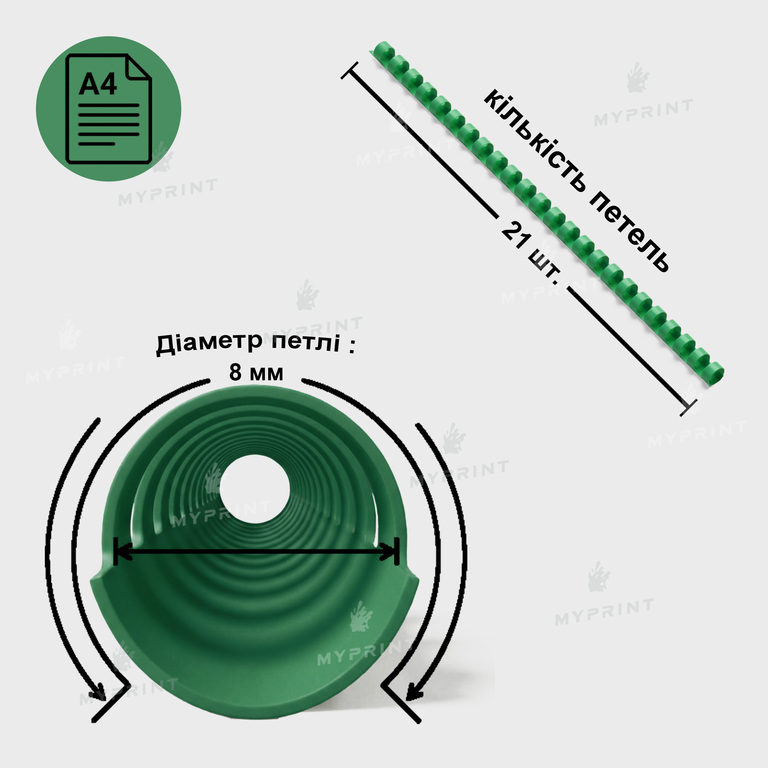 Пластикова пружина (гребінка) для брошурування А4, 21 петля, 8 мм, зелена, 100 шт. (12725) 