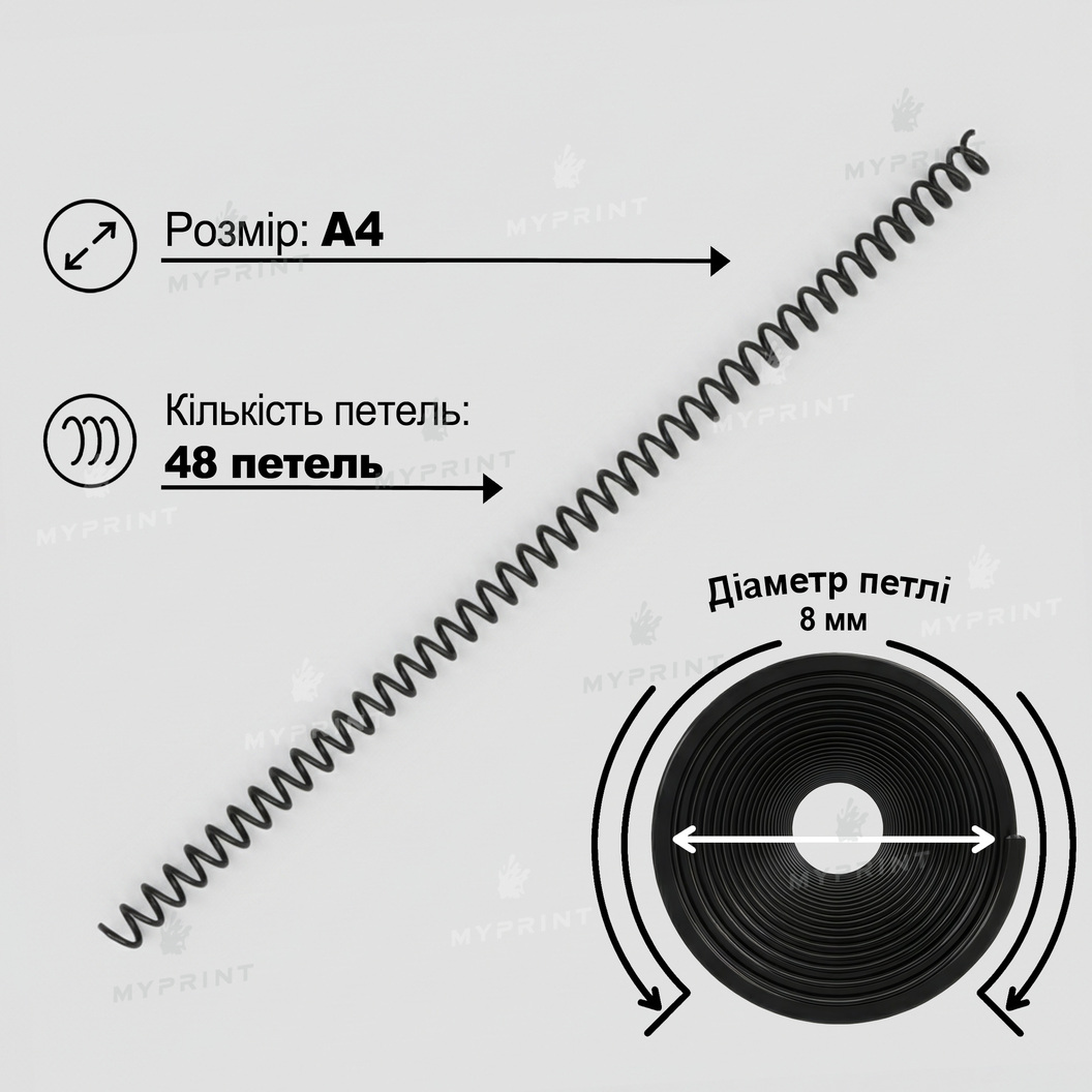 Пластиковая спираль для брошюровки А4, 4:1, 48 петель, 8 мм, черная, 100 шт. (12779) - фото 2 - Полиграфическое оборудование и материалы