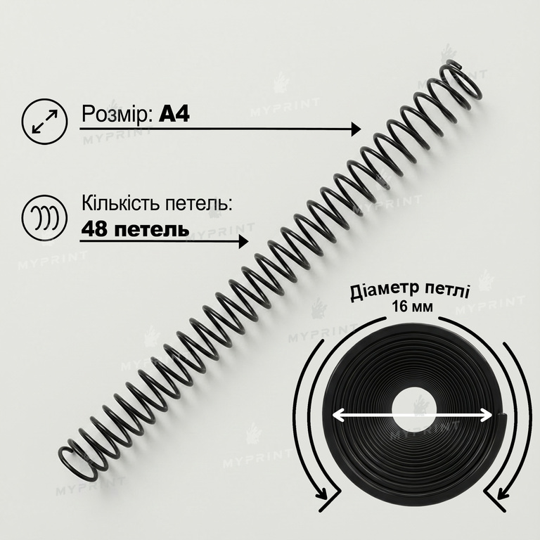 Пластиковая спираль для брошюровки А4, 4:1, 48 петель, 16 мм, черная, 100 шт. (12787) 