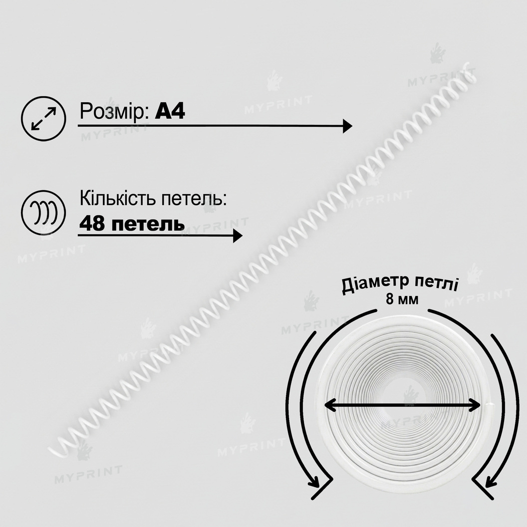 Пластиковая спираль для брошюровки А4, 4:1, 48 петель, 8 мм, белая, 100 шт. (12780) - фото 2 - Полиграфическое оборудование и материалы