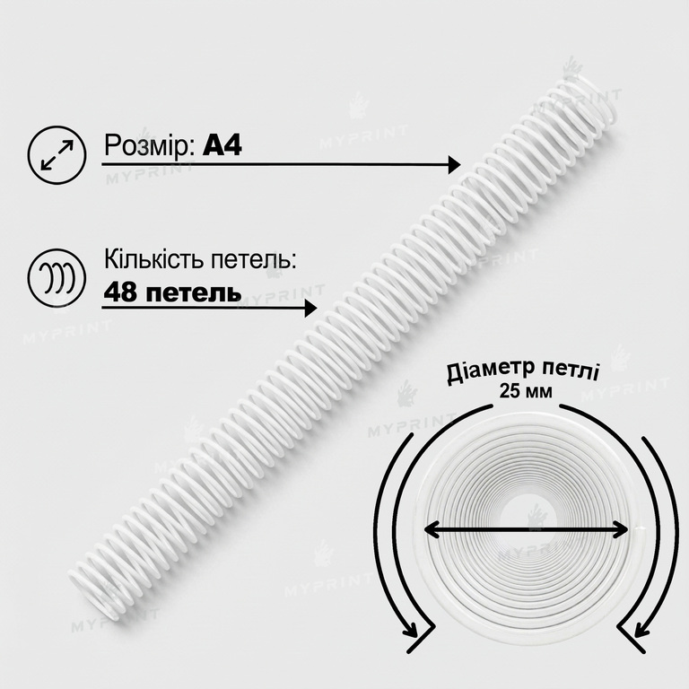 Пластикова спіраль для брошурування А4, 4:1, 48 петель, 25 мм, біла, 100 шт. (12794) 